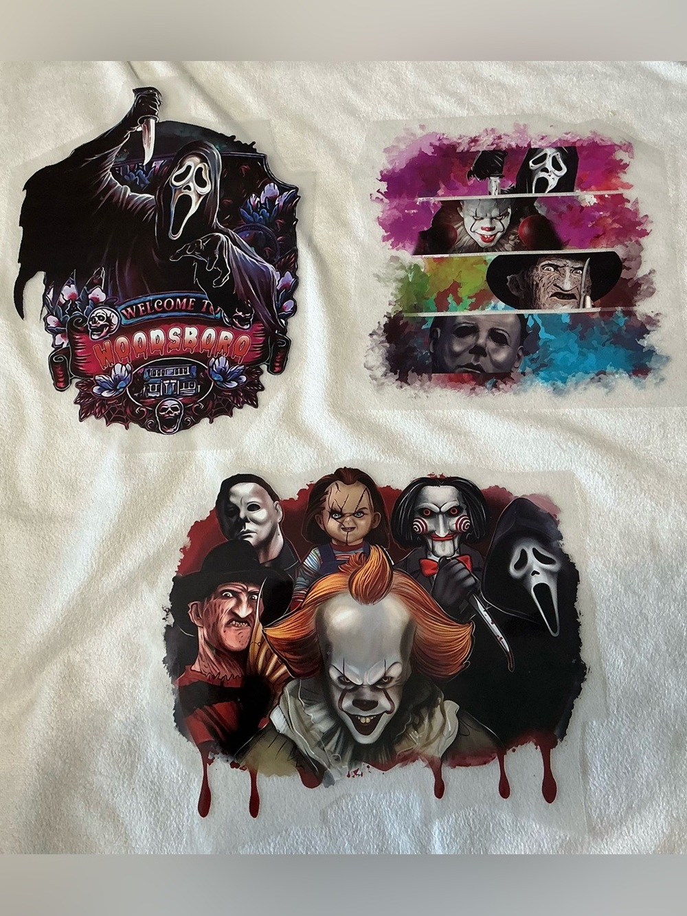 Lot of 3 Horror DTF Heat Transfers Halloween Slasher Spooky Movie Designs